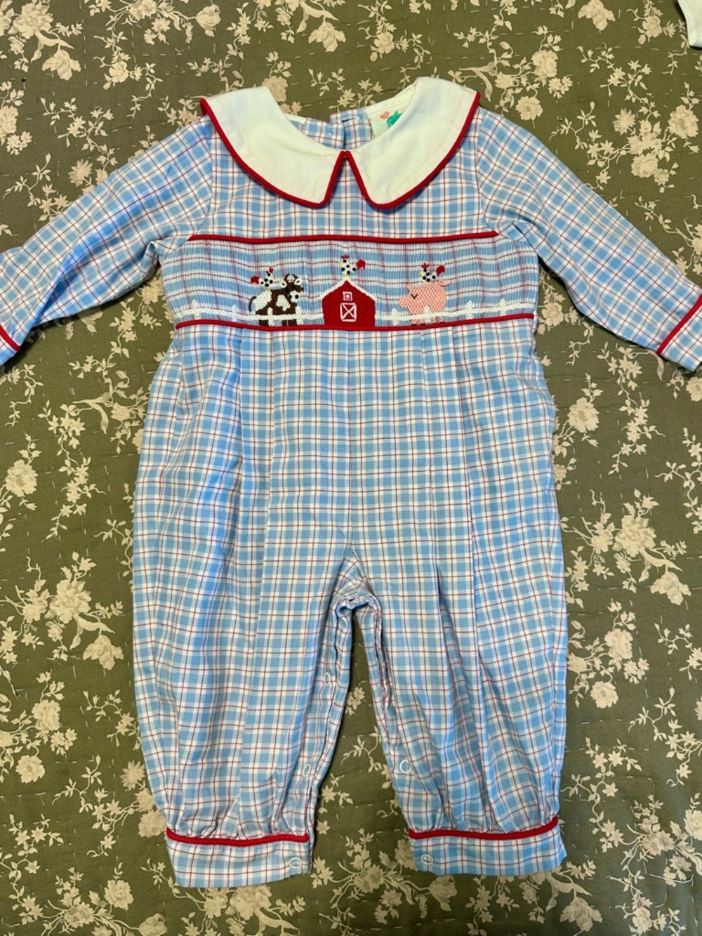 Blue Plaid Smocked Barnyard Baby Boy Romper with Red Trim